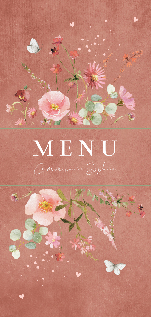 Menukaart communie meisje bloemen roestbruin roze