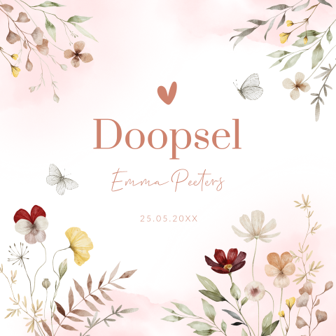 Doopkaart uitnodiging meisje bloemen roze watercolour