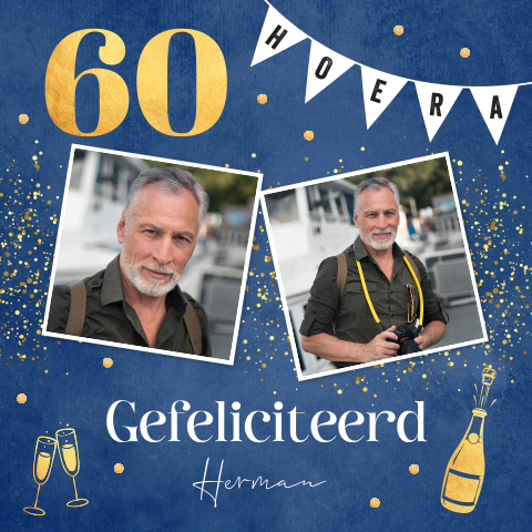 Verjaardagskaart 60 jaar man blauw met foto