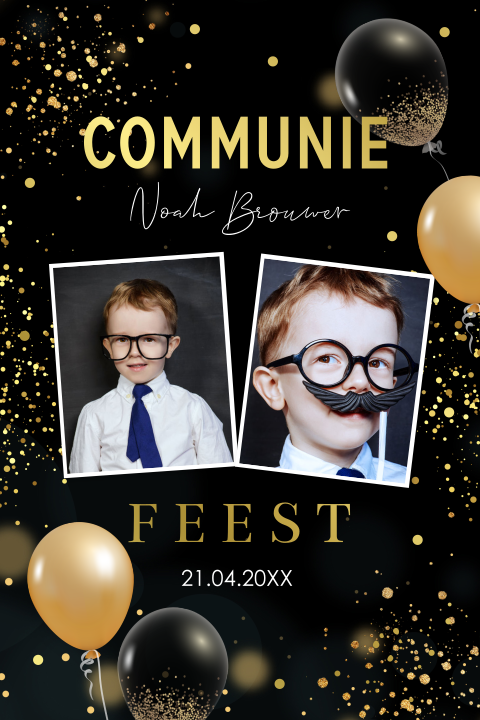 Communie uitnodiging foto zwart ballonnen jongen goudfolie