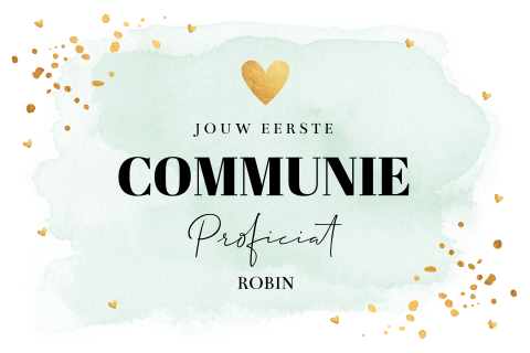 Felicitatie eerste communie kaart jongen groen watercolour goudlook