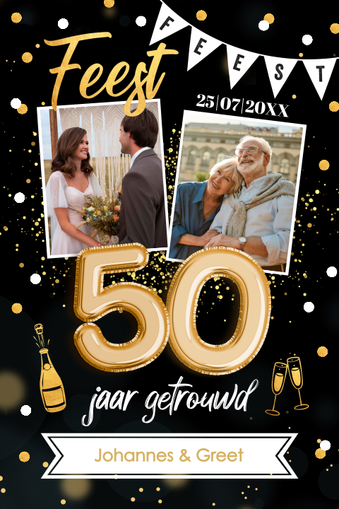 Jubileum uitnodiging 50 jaar getrouwd foto zwart goud confetti