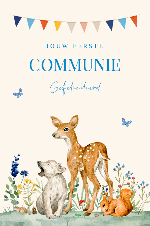 Felicitatie eerste communie kaart jongen bosdieren slinger blauw