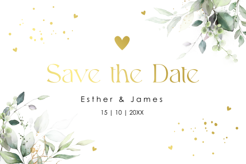 Save the Date kaart rechthoekig wit met groene bladeren goudfolie