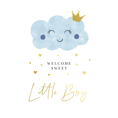 Felicitatie geboorte zoon baby jongen kaart wolkje blauw goudfolie