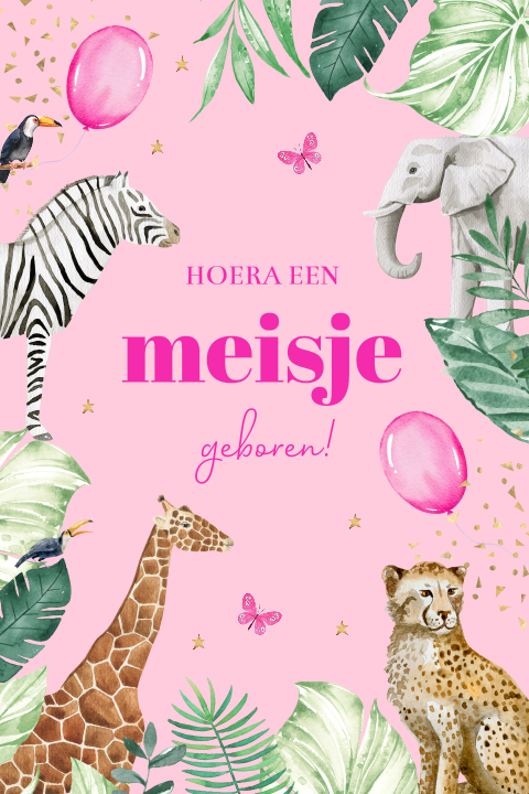 Felicitatie geboorte dochter jungle dieren roze