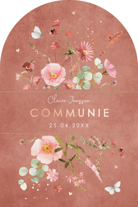 Communie uitnodiging meisje boog bloemen roestbruin roze rosegoudfolie