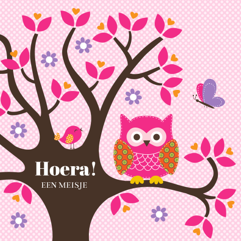 Felicitatie kaart geboorte baby meisje roze met uiltje in boom