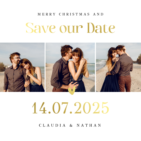 Save the Date kerstkaart wit fotocollage goudfolie