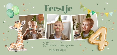 Uitnodiging kinderfeestje jongen 4 jaar fotocollage giraffe ballonnen