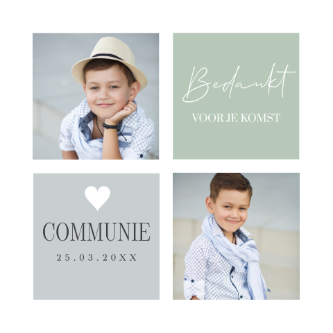 Bedankkaart communie jongen foto groen grijs vlakken