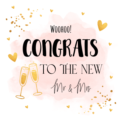 Felicitatie pas getrouwd huwelijk kaart waterverf roze goudlook