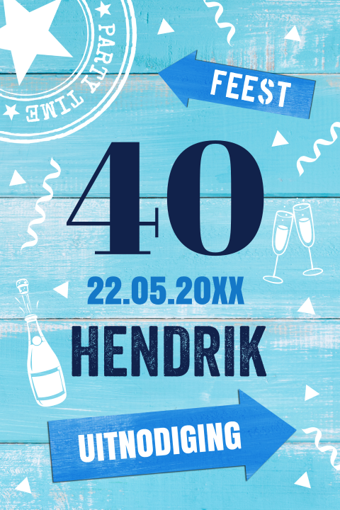 Uitnodiging verjaardag 40 jaar blauw man houtlook confetti