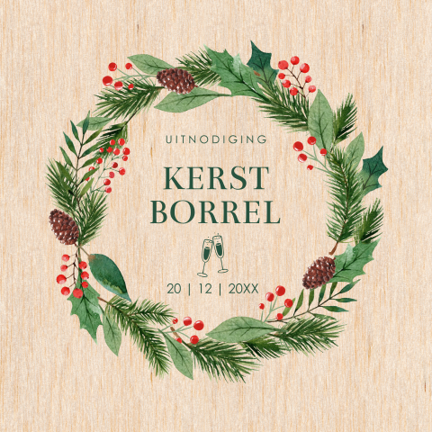 Kerstborrel uitnodiging op echt hout met kerstkrans groen