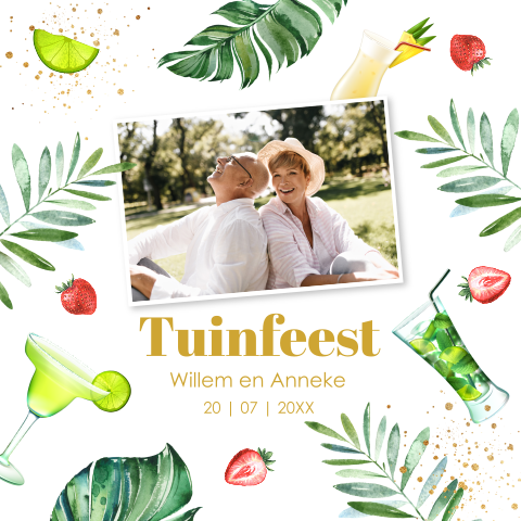 Tuinfeest uitnodiging eigen foto cocktails tropisch zomers fruit