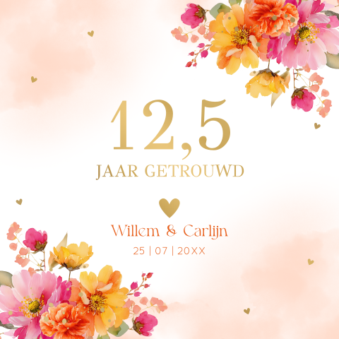 Uitnodiging jubileum huwelijk 12,5 jaar getrouwd bloemen goudfolie