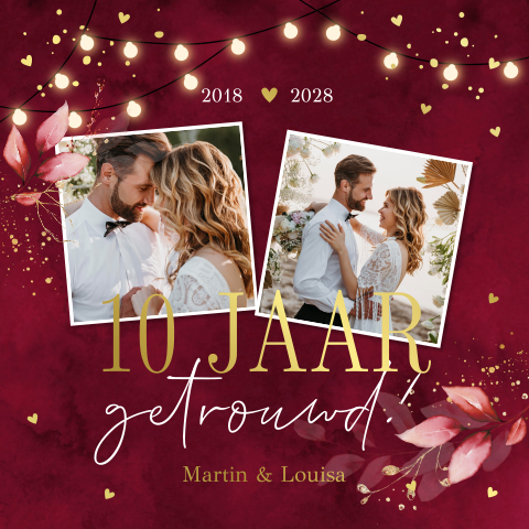 Jubileum uitnodiging 10 jaar getrouwd met foto rood goudfolie
