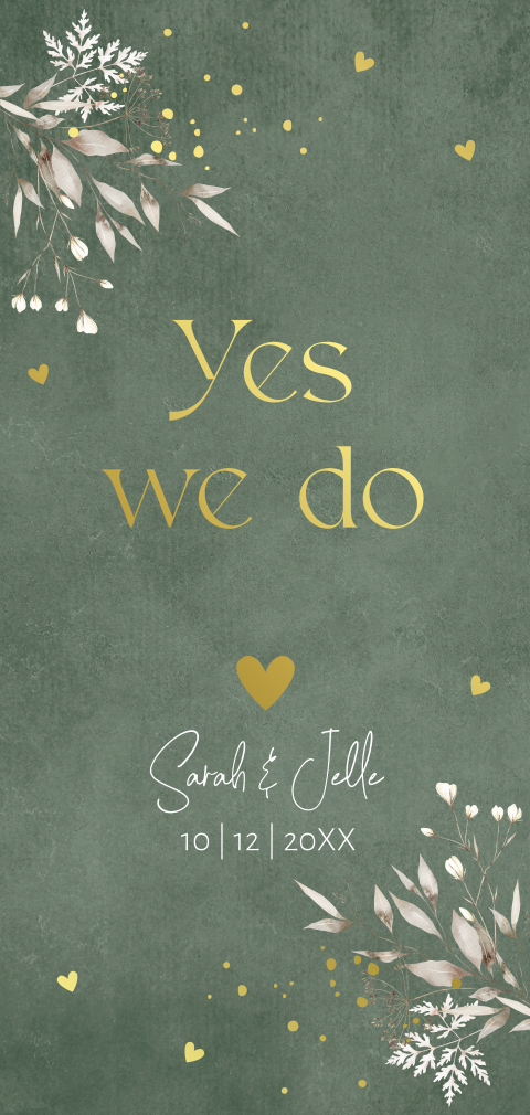 Winter Wedding trouwkaart groen langwerpig botanisch goudfolie