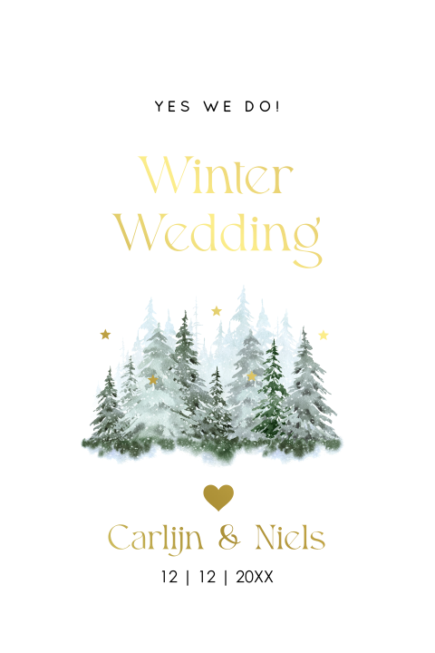 Winter Wedding trouwkaart boog forrest trees groen goudfolie