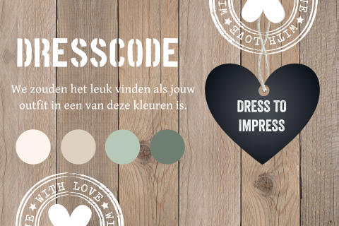Dresscode kaartje huwelijk kleurenpalet houtlook hartje