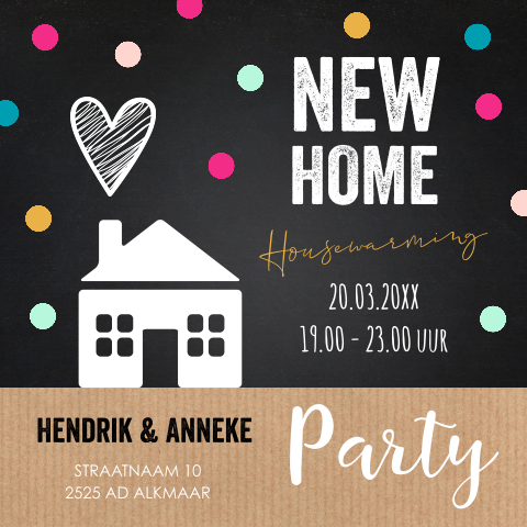 Housewarming uitnodiging zwart kraft huisje confetti