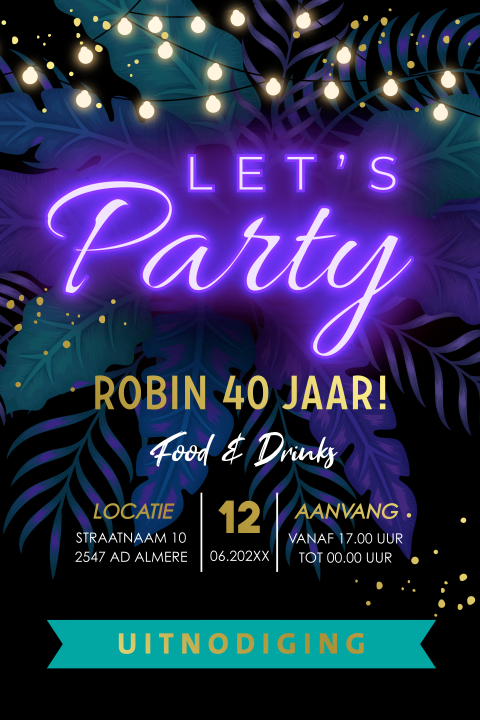 Uitnodiging verjaardag 40 jaar neon goudfolie