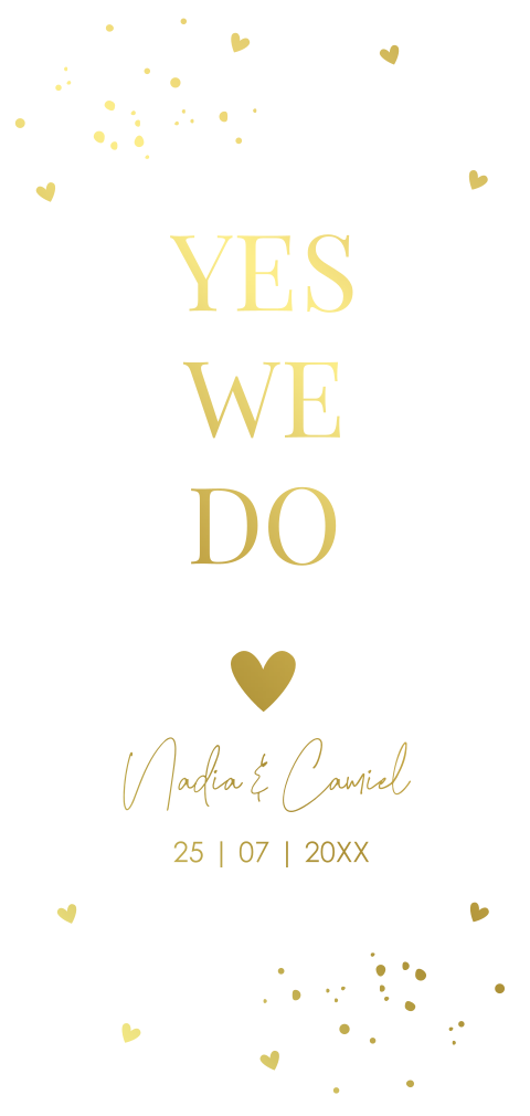 Trouwkaart langwerpig roestbruin met hartje en goudfolie