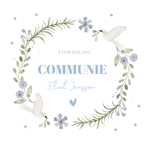 Uitnodiging communie jongen bloemenkrans vogels blauw