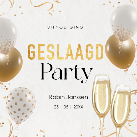 Uitnodiging geslaagd ballonnen confetti goudlook