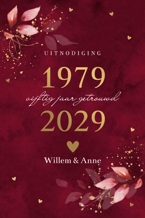 Uitnodiging jubileum huwelijk 50 jaar getrouwd rood goudfolie