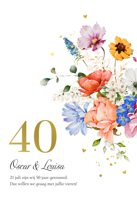 Jubileum uitnodiging huwelijk 40 jaar getrouwd bloemen boog goudfolie