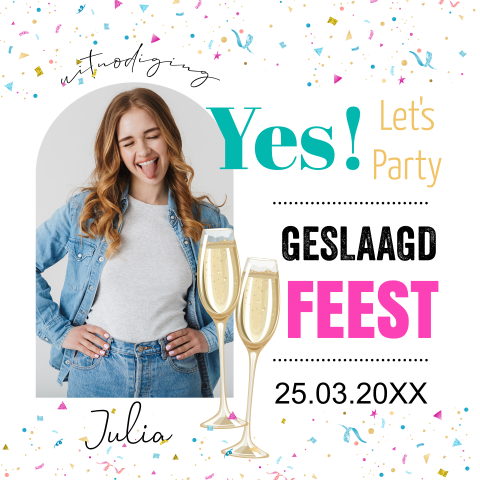 Uitnodiging geslaagd feestje eigen foto confetti vrouw