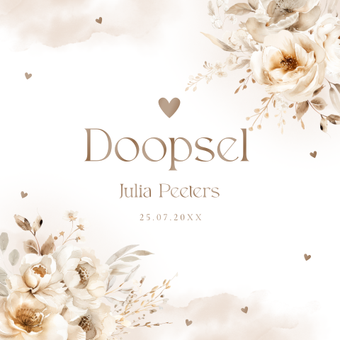 Doopkaart meisje bloemen beige hoogglans