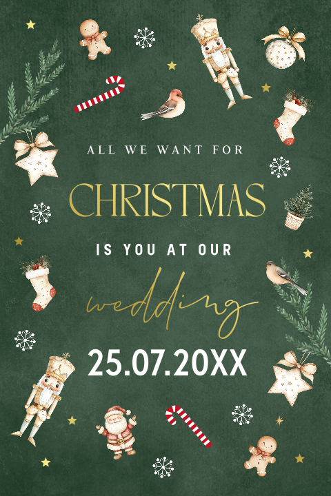 Save the Date kerstkaart groen kerst figuurtjes foliedruk