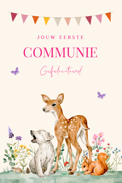 Felicitatie eerste communie kaart meisje bosdieren slinger