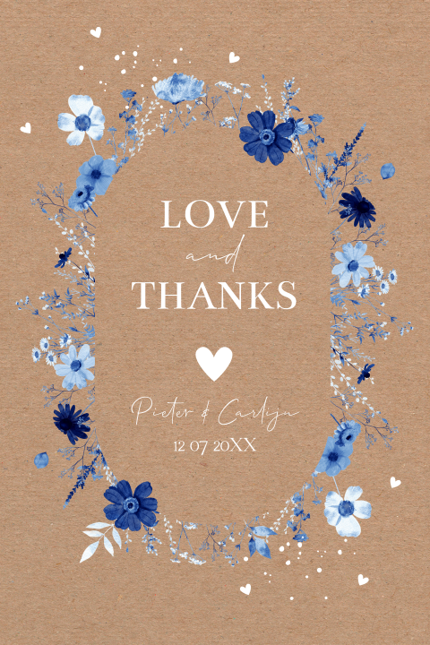 Bedankkaart huwelijk blauw bloemen kraft look