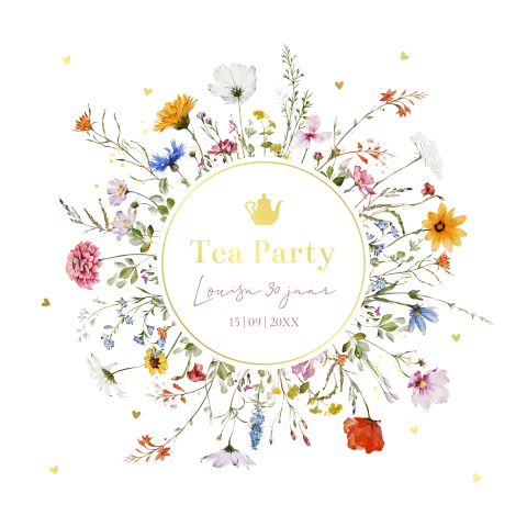 High tea party uitnodiging wit bloemenkrans goudfolie