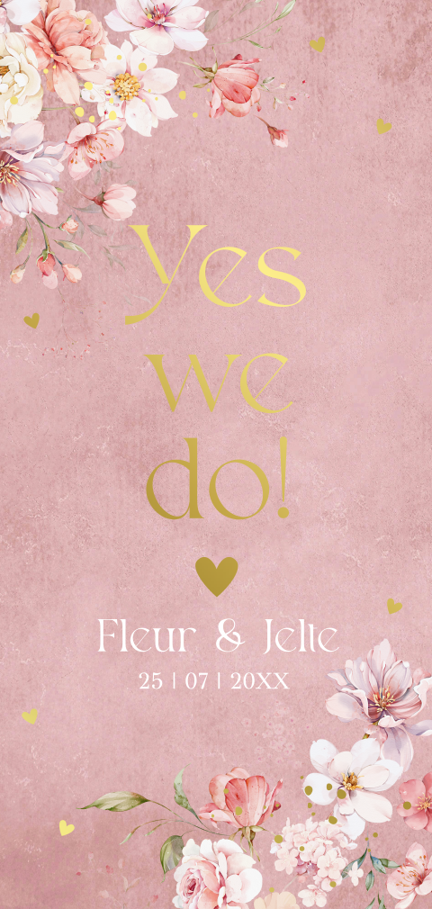 Trouwkaart bloemen oudroze dusty pink goudfolie
