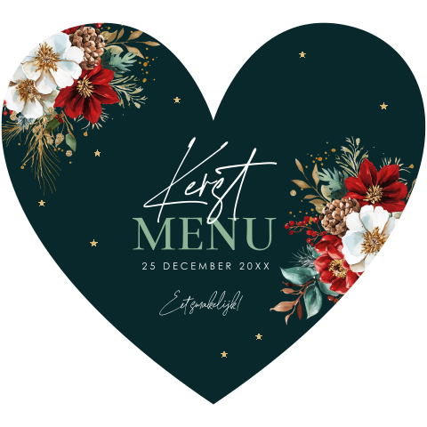 Kerstmenukaart hartje kersttakjes bloemen groen rood