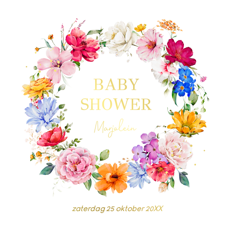 Babyshower uitnodiging bloemenkrans goudfolie