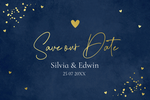 Save the Date kaart donkerblauw initialen naam goudfolie