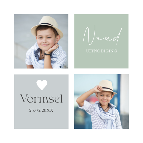 Uitnodiging vormsel foto jongen vierkant groen grijs
