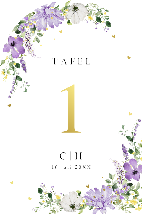 Tafelnummers bruiloft paars bloemen goudfolie boog (95x143mm)