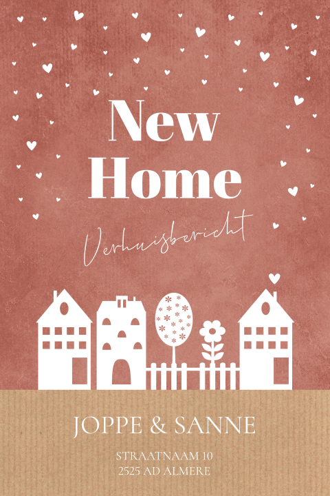 Verhuiskaart terracotta witte huisjes hartjes