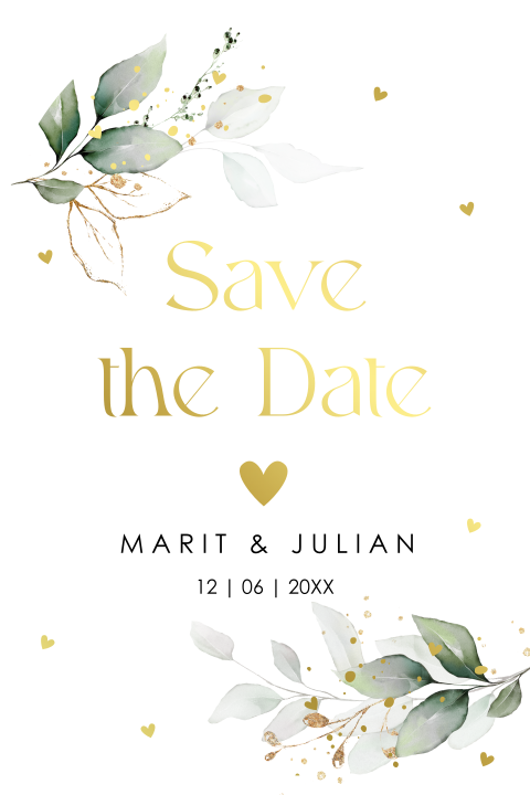 Save the Date kaart wit groen botanisch bladeren boog goudfolie