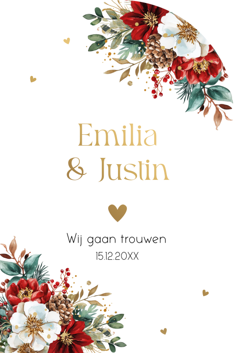 Trouwkaart kerst bloemen rood boog vorm goudfolie