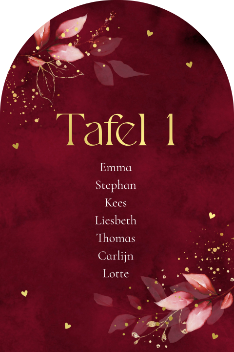 Tafelkaart huwelijk rood botanisch goudfolie