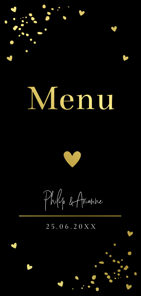Menukaart huwelijk langwerpig zwart hartjes goudfolie