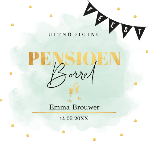 Uitnodiging pensioen feest watercolour mintgroen goudlook