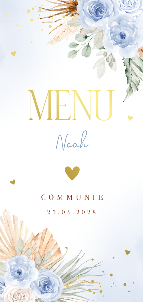 Menukaart communie jongen bohemian bloemen blauw goudfolie